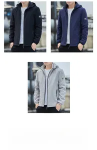 Detailed comparison of hooded jackets in black, blue and grey with windproof elastic cuffs