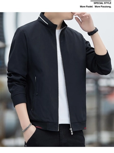 Detail of men's casual stand collar jacket with metallic zipper and striped ribbed hem