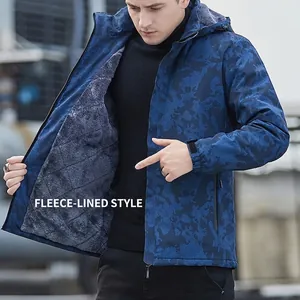 Men's blue camouflage windproof waterproof jacket with fleece lining and hood