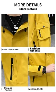 Détails de la veste à capuche jaune montrant la fermeture éclair et les poches utilitaires