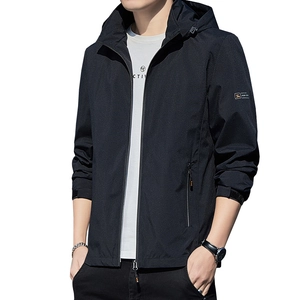 Men's black hooded windbreaker jacket with full-zip and adjustable drawstrings