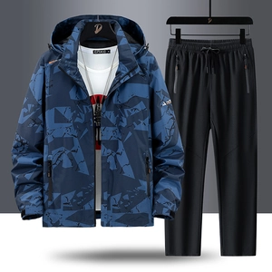 Men's blue camouflage hooded tracksuit set with zip-up jacket and black sports trousers