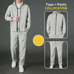 Light grey men's hooded sports tracksuit with casual zip jacket and matching pants