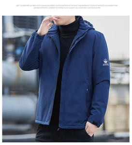 Detail of navy blue windproof jacket showing adjustable velcro cuffs and logo printing