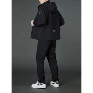 Men's premium black hooded tracksuit featuring windproof jacket and matching trousers