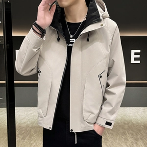 Men's casual hooded jacket in beige with contrast zippers and adjustable cuffs for spring