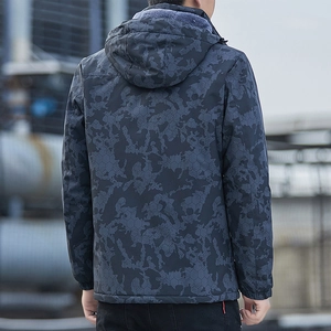 Men's camouflage winter jacket with windproof hood and warm fleece lining shown from behind