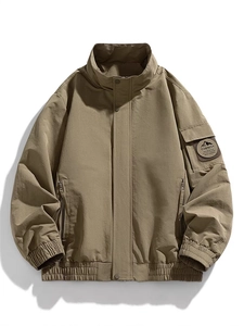 Mens khaki outdoor cargo jacket with stand collar and waterproof technical fabric
