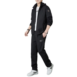 Men's casual black hooded sport tracksuit with zip jacket and matching joggers