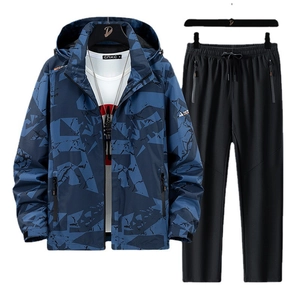 Men's blue camouflage hooded jacket and black pants two-piece casual tracksuit set