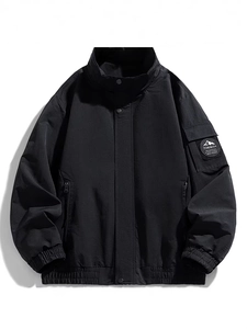 Men's black outdoor windproof jacket with stand collar and mountain logo patch detail