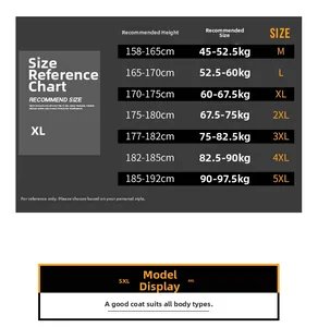 Size guide table for thick hooded fleece jacket showing height and weight recommendations