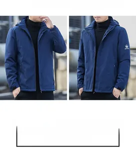 Detail view of navy blue hooded fleece jacket for men with adjustable cuffs and arm logo