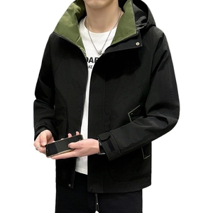 Men's black hooded cargo jacket with army green lining and adjustable velcro cuffs