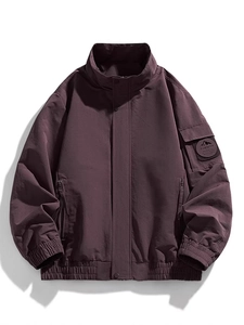 Men's dark purple windproof outdoor jacket with standing collar and tactical utility pockets