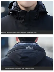 Detail of detachable hood with warm fleece lining and sturdy buckle for outdoor jacket