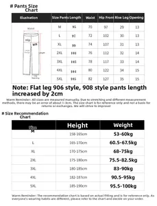 Detailed men's sportswear size chart showing measurements for sizes M to 5XL for pants