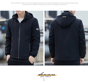 Front and back view of a men's black hooded jacket with elastic cuffs and logo details