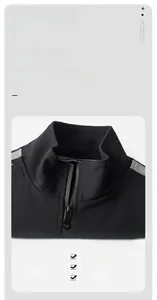 Detail of a black stand-collar sports jacket with zipper and gray neck trim accents