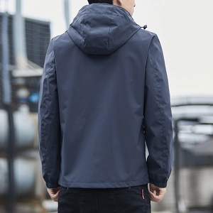 Men's navy blue waterproof hooded jacket with adjustable drawstrings shown from the back view