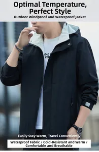 Detail of waterproof black hooded windbreaker with stand collar and smooth fabric texture