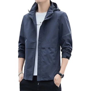 Men's waterproof hooded windbreaker jacket in dark blue for outdoor and casual wear