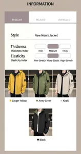 Detail view of hooded jacket sizes and color options including khaki and black