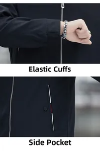 Men's jacket detail showing elasticated cuffs and side pockets with tri-color zippers