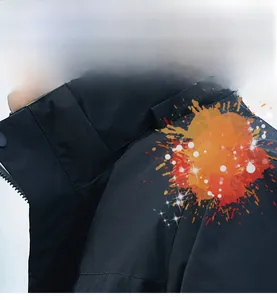 Detail showing water-repellent and anti-stain technology on outdoor hooded jacket fabric