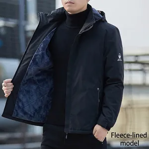 Men's navy blue windproof hooded jacket with warm fleece lining for outdoor winter wear