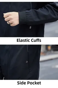 Detail view showing elastic cuffs and side pockets with metal buttons on black jacket