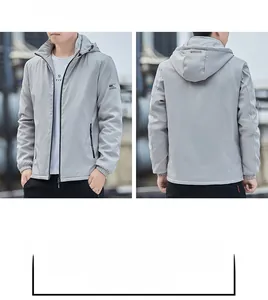 Detailed front and back view of light gray men's hooded jacket with elastic cuffs