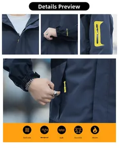 Detailed close-up of blue windproof jacket with yellow zippers and adjustable cuffs