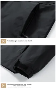 Detail of windproof black jacket featuring a zippered side pocket and adjustable Velcro cuffs