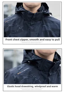 Details der wasserdichten Camouflage-Jacke mit verstellbarer Kapuze und hohem Stehkragen