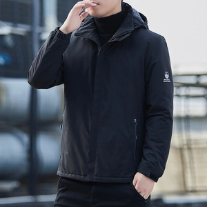 Men's black hooded outdoor jacket with windproof fabric and warm fleece lining