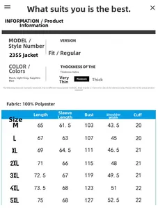 Detailed size chart for casual polyester jacket showing M to 5XL measurements and colors