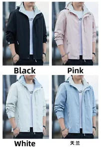 Collage of hooded windproof jackets in black, pink, white, and sky blue for men