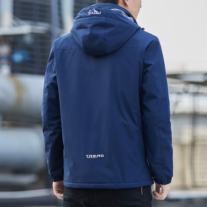 Navy blue men's fleece-lined windbreaker with hood and back print for outdoor warmth