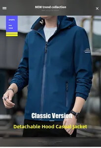 Outdoor shot of men's casual blue jacket featuring a detachable hood and zip closure