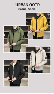 Men's hooded windbreaker jacket in yellow, green, beige and black with sleeve patch detail