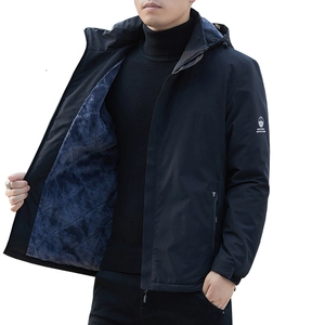 Men's navy blue windproof jacket with grey fleece lining and adjustable hood for winter