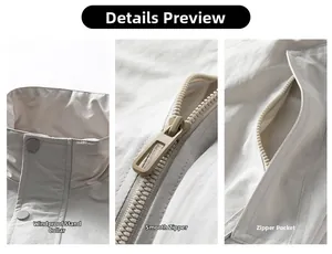 Detail view of men's windproof jacket showing snap collar, smooth zipper and hidden pockets
