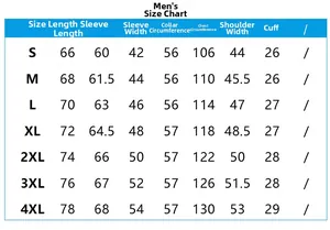 Detailed men's outdoor jacket size chart showing chest width and length for S-4XL