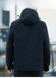 Rear view of a black men's hooded jacket featuring adjustable drawstring and windproof fabric