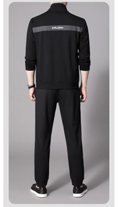 Back view of men's black athletic jacket with gray stripe and ARLHON text detail