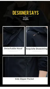 Men's casual jacket detail featuring a detachable hood and secure side zipper pockets