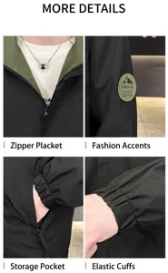 Detail view of men's jacket with olive green neck, sleeve patch, and zippered pocket