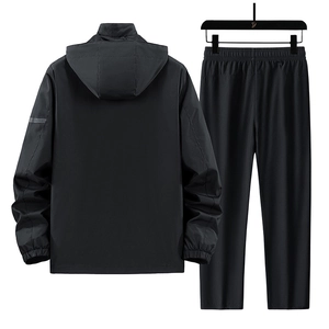 Men's black windproof hooded hiking jacket and sports trousers two-piece set