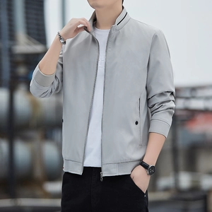 Men's light grey casual stand collar jacket with zipper and stylish black stripe accents